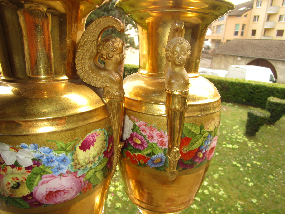 Pair Of Paris Porcelain Vases, Empire Style, Restoration Period, Signed Feuillet 1830.