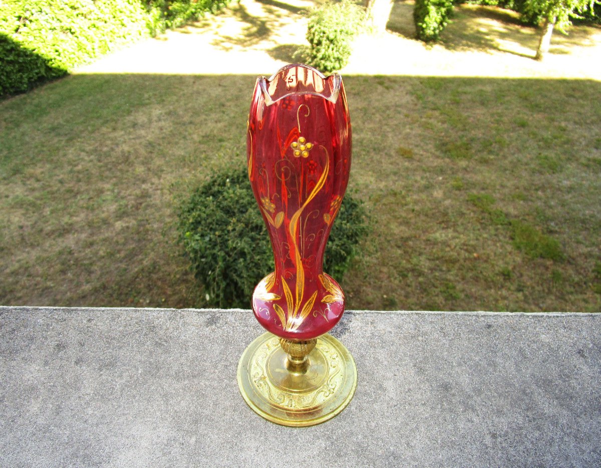 Old Superb Art Nouveau Tulip Vase In Bronze And Enameled Glass Enhanced With Fine Gold.-photo-3