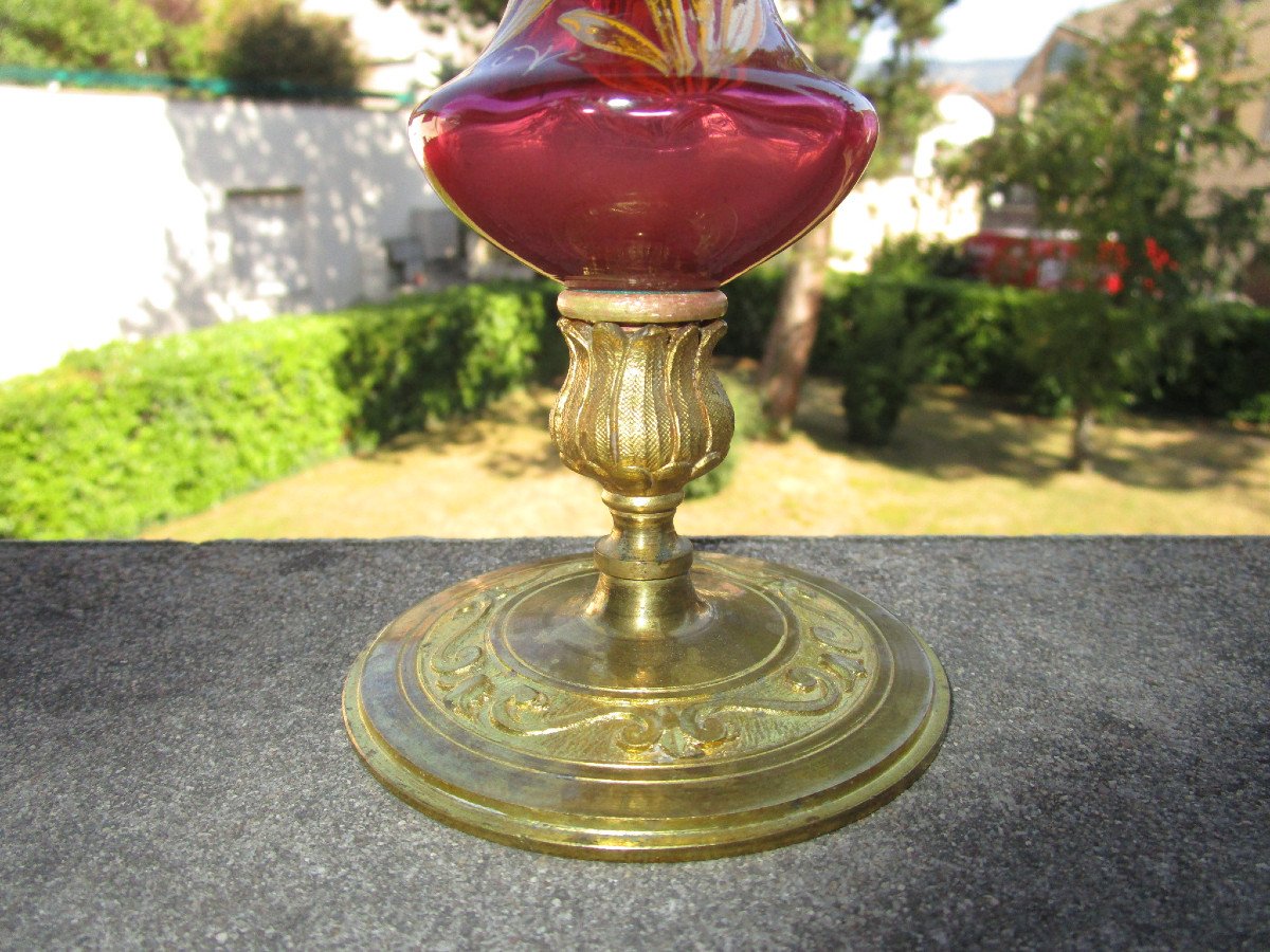 Ancien Superbe Vase Tulipe Art Nouveau En Bronze Et Verre émaillé Rehaussé à l'Or Fin.-photo-8