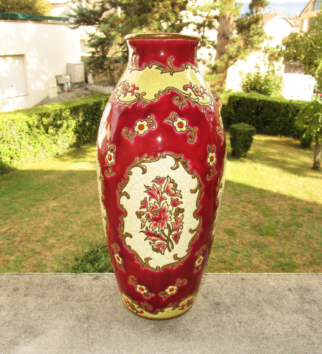  Ancien Superbe Grand Vase En émaux De Longwy 33 Cm. Décor Plaisance Création De Mp Chevallier.-photo-2