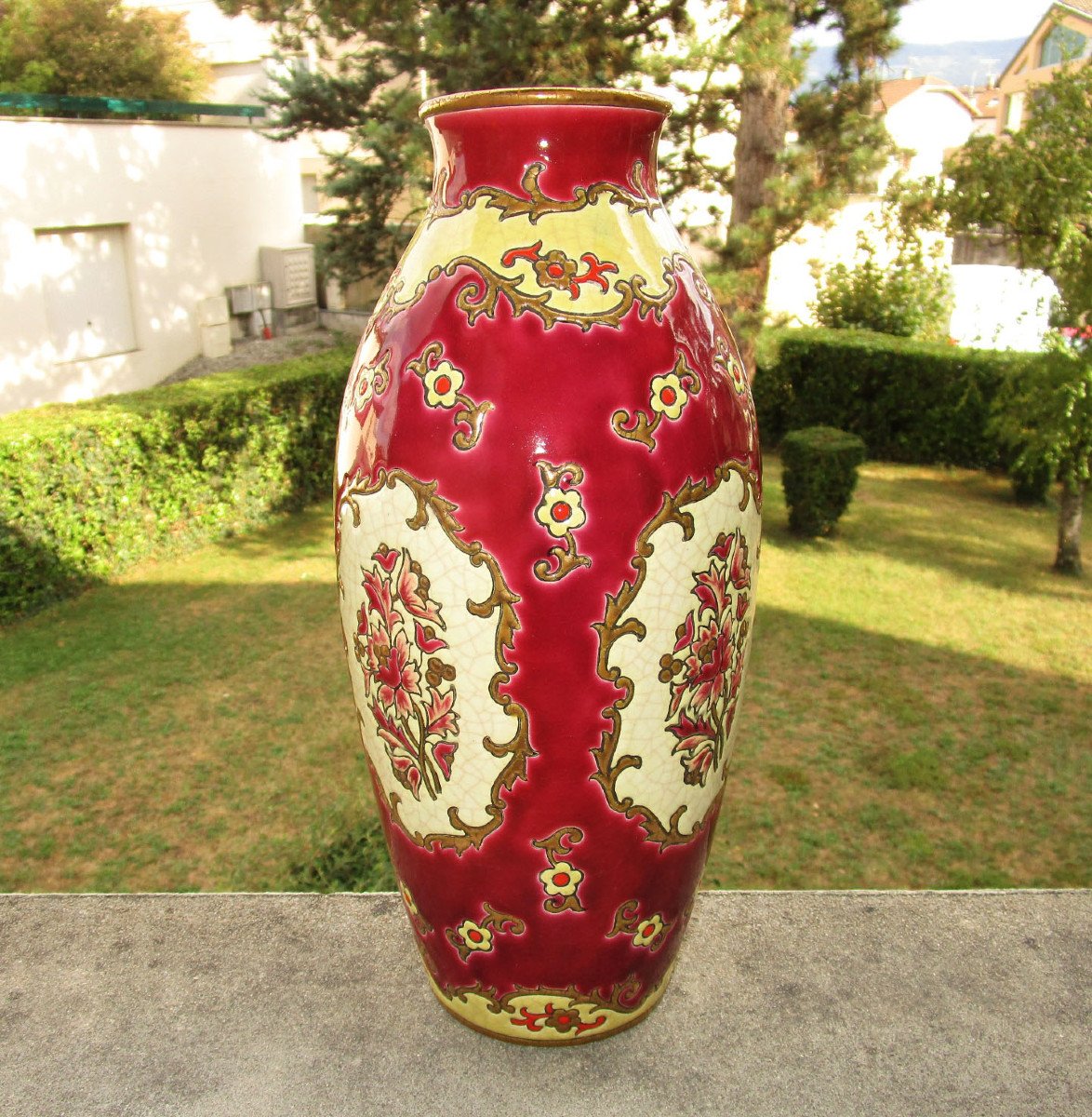  Ancien Superbe Grand Vase En émaux De Longwy 33 Cm. Décor Plaisance Création De Mp Chevallier.-photo-3