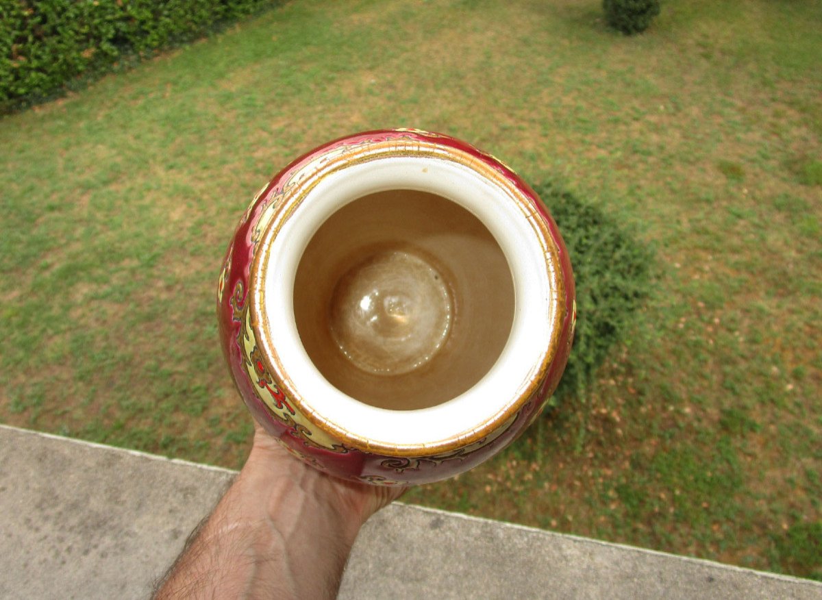  Ancien Superbe Grand Vase En émaux De Longwy 33 Cm. Décor Plaisance Création De Mp Chevallier.-photo-1