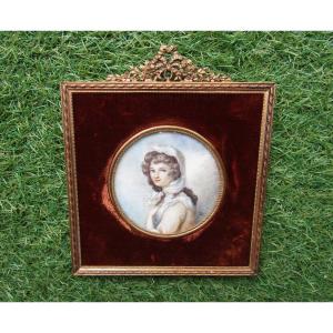 Très Beau Portrait Miniature Sur Ivoire Signé,  Jeune Femme, tableau, Cadre En Bronze Louis XVI