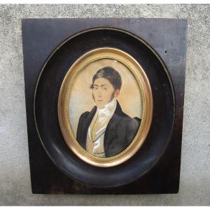 Ancien Portrait Miniature d'époque Restauration Charles X Signé Castrique Daté en 1828 Bel Homme