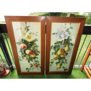 Very Beautiful Pair Of Large Watercolors Still Life With Fruits Art Nouveau Watercolor Painting.