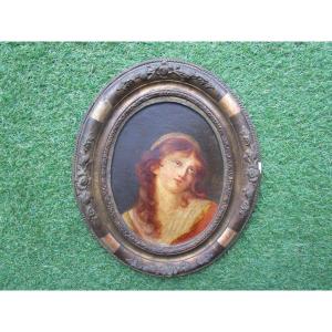 Old Very Beautiful 18th Century Painting Oil On Paper Portrait Of A Pensive, Dreamy Young Woman.