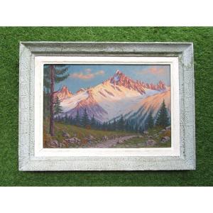 Very Beautiful Mountain Painting Signed Charles Cornud l'Aiguille Verte Chamonix Argentière 1950.