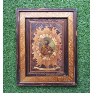 Old Very Beautiful 18th Century Painting In Saint Joseph Straw Marquetry Work By Bagnard Bagne.