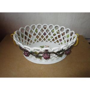 Emile Tessier Malicorne, Beautiful Fruit Bowl In Woven Earthenware, Decorated With Vines.