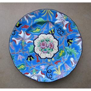 Emaux De Longwy Very Beautiful Plate With Multicolored Flowers In Perfect Condition Diameter 23.5 Cm