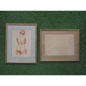 Deux Beaux Dessins Encadrés Sanguine Femme Nue Marcel Roche Et Une Signature à Identifier.