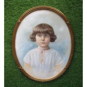 Very Beautiful Art Deco Pastel Framed Under Glass, Young Girl, Child, Painting Signed Ackermann.