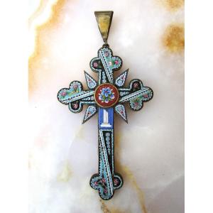 Very Beautiful Large Cross Pendant In Micromosaic With Micro Mosaic Flower Decor.