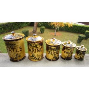 Very Beautiful Series Of Earthenware And Barbotine Spice Jars Decorated With Branches And Pine Cones.