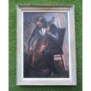 Very Beautiful Painting Signed Vosch School Of Paris The Double Bassist 1942 Oil On Canvas Double Bass