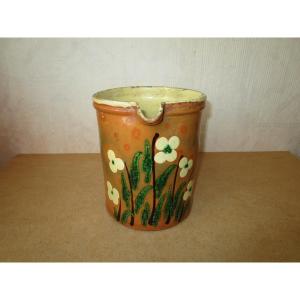 Old Beautiful Large Savoyard Pitcher Or Pot In Glazed Earthenware With Savoy Flower Decor Sispa Style