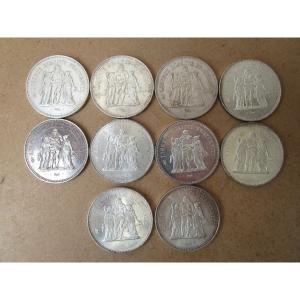 Lot Of 10 50 Franc Hercules Coins In Solid Silver Different Dates From 1974 To 1978