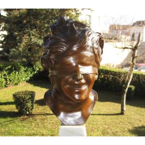 Unsigned Bronze Bust Sculpture On Marble Base Blindfolded Man Beautiful Patina.