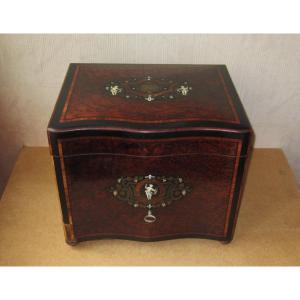 Liqueur Cellar Signed, Napoleon III Beautiful Marquetry Of Thuya Burl, Mother Of Pearl, Rosewood...