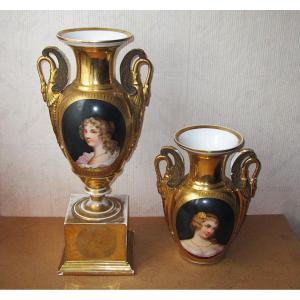 Very Beautiful Pair Of Empire Period Paris Porcelain Vases, Marvelous Woman, To Be Restored