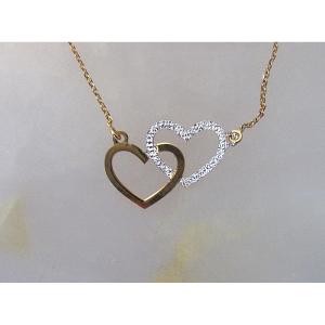 Very Beautiful Fine Chain In Solid 9 Carat Gold, Two Hearts Choker Necklace. 0.87 Grams.