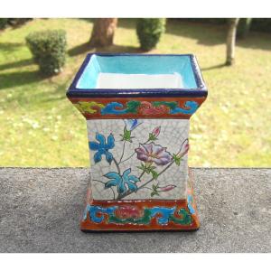 Longwy Enamels Very Beautiful Small Pencil Holder Or Pocket Emptier 19th Century Height 9.3 Cm.