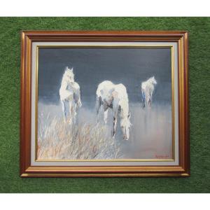 André Deymonaz, Oil On Canvas Signed, White Camargue Horses, Provençal Painting, Provence.