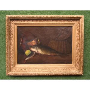 Théodore Lévigne, Large Oil On Canvas Signed, Still Life Painting With Fish Carp Fishing.