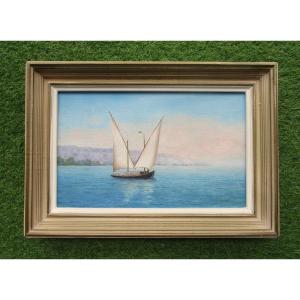 Huile Sur Toile, Tableau Signé Thevenaz Bateau De Pêche Ou Barque école Suisse Lac Léman Savoie