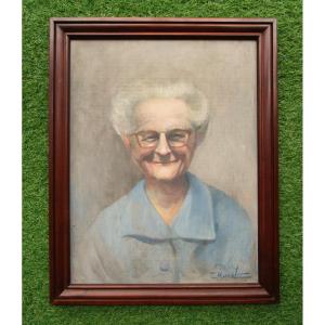 Oil On Canvas, Portrait Of A Smiling Old Lady, Signed And Dedicated Painting, Circa 1940-1950