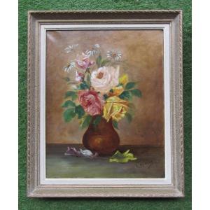 Painting Signed Carolus Still Life With Bouquet Of Flowers Oil On Canvas Roses Daisies.