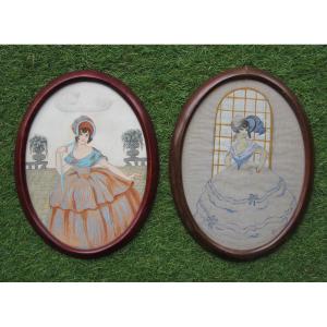 Two Beautiful Art Deco Period Watercolors Elegant Women Portrait Paintings Circa 1930.