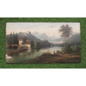 Tableau XIXe Très Belle Huile Sur Bois Lac De Montagne, Paysage Animé école Suisse à Restaurer.