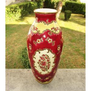  Ancien Grand Vase En émaux De Longwy 33 Cm. Décor Plaisance Création De Mp Chevallier.