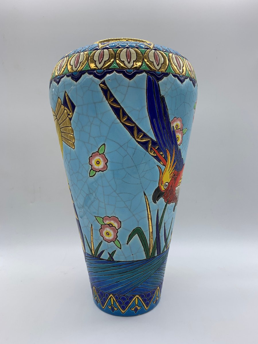 Vase en émaux de Longwy à décor de perroquet et de visage égyptien-photo-3