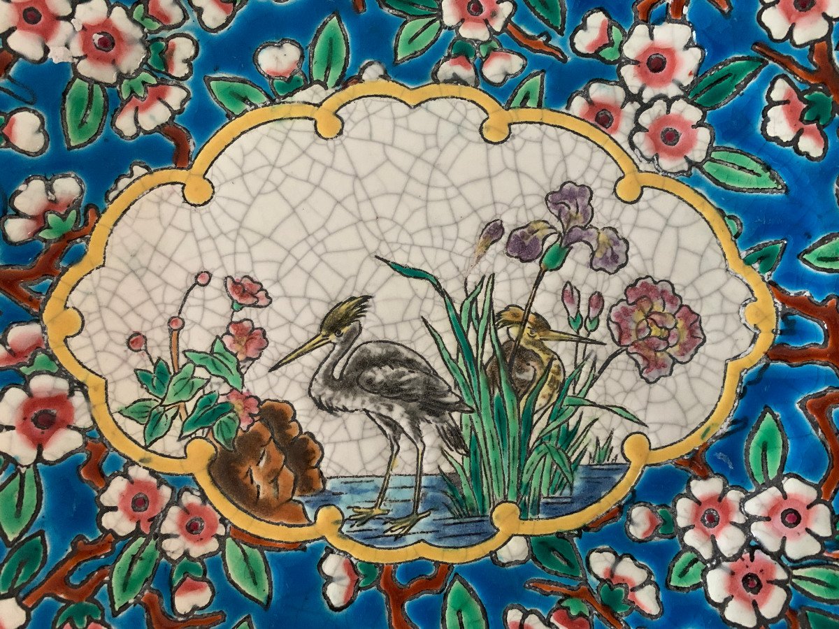 Decorative Plate In De Longwy Enamels, Decoration Of A Lake Landscape And Flowers On A Blue Background-photo-2