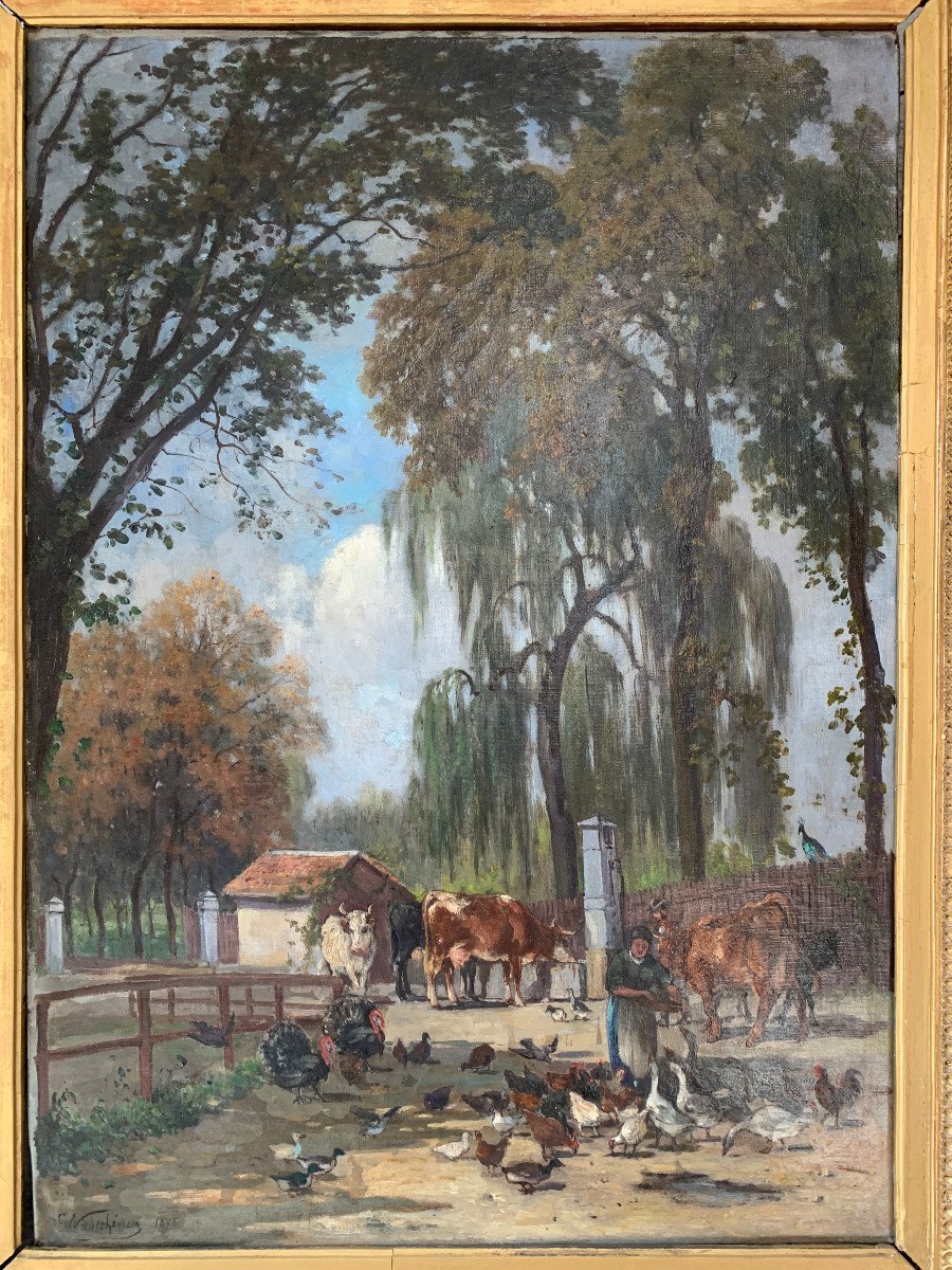 De Niederhäusern - Huile sur toile représentant une cour de ferme-photo-2