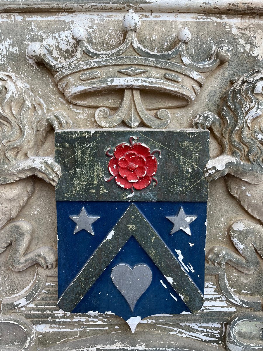 Plaster Plaque Representing The Coat Of Arms Of The Ruinart De Brimont Family-photo-2