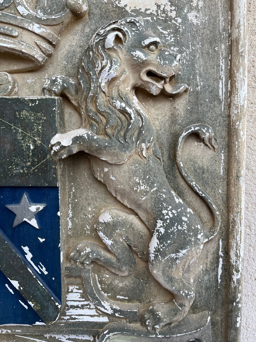 Plaster Plaque Representing The Coat Of Arms Of The Ruinart De Brimont Family-photo-3