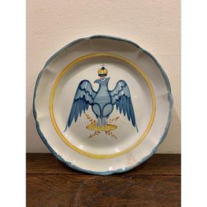 Waly - Earthenware Plate With Crowned Eagle On Lightning Stick, 19th Century