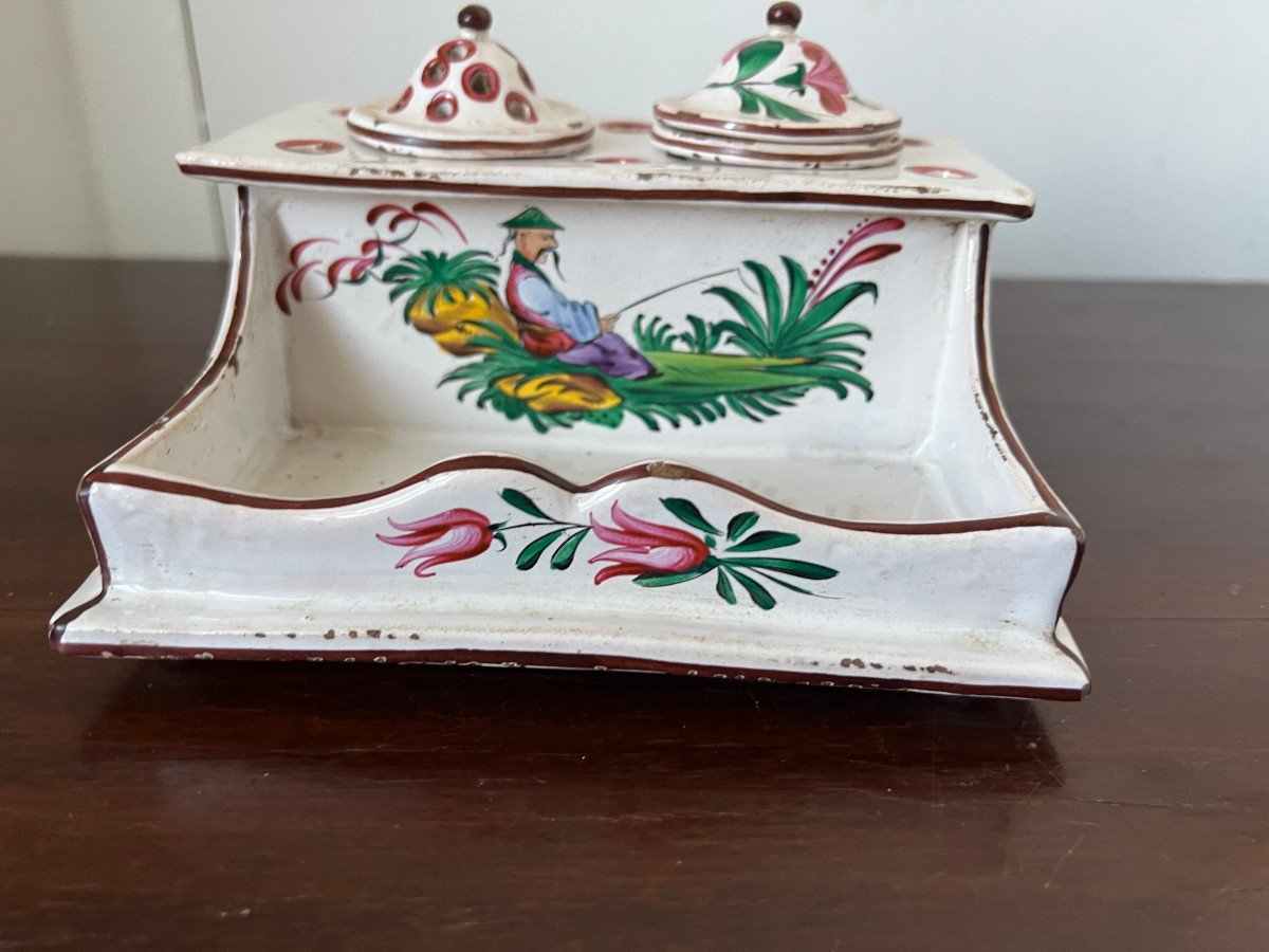 Earthenware Inkwell, Strasbourg, Petit Feu Chinese Decor-photo-6