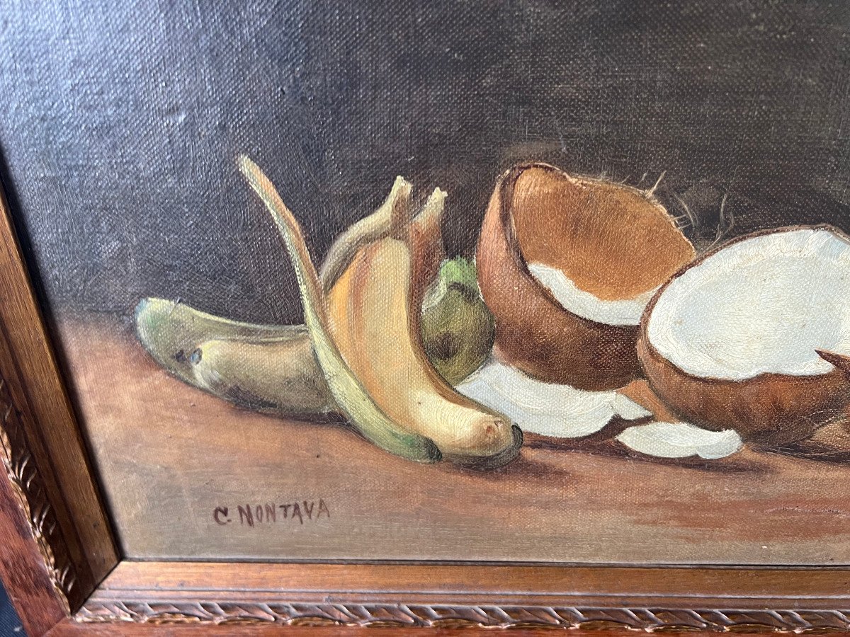 Oil-on-canvas Painting Nature With Bananas And Coconuts Signed Montava-photo-4