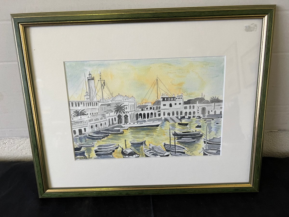 Dessin Aquarellé Port En Algérie Encadré