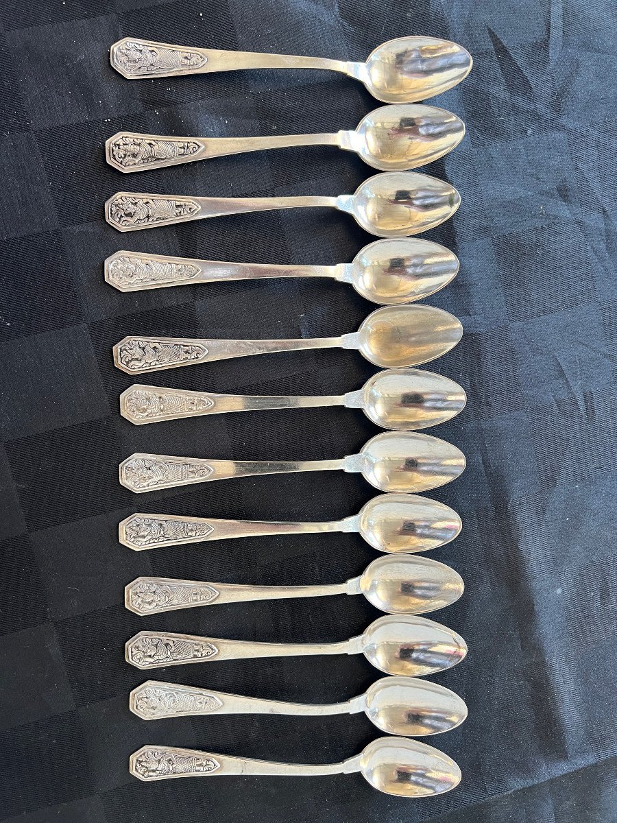 12 Sterling Silver Dessert Spoons 294g Art Deco Indochina-photo-4