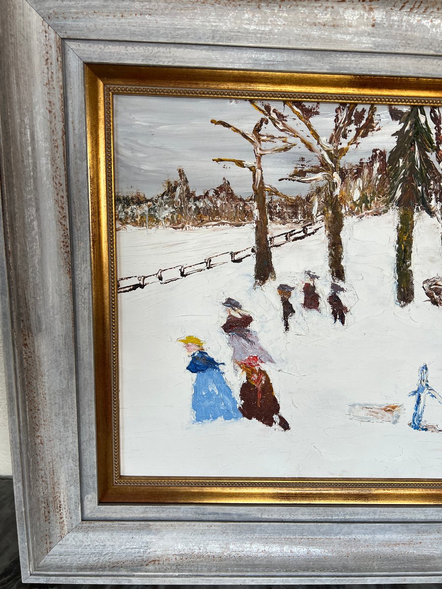 Gérard Le Roux Tableau Huile-sur-toile Paysage Animé, Scène Hivernale-photo-3