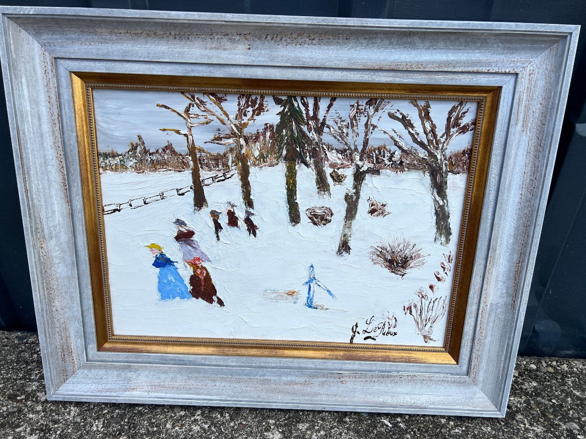 Gérard Le Roux Oil-on-canvas Painting Animated Landscape, Winter Scene-photo-1