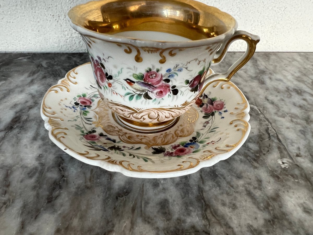 Porcelain Cup And Saucer Floral And Bird Decor, Berlin 19th Century-photo-6