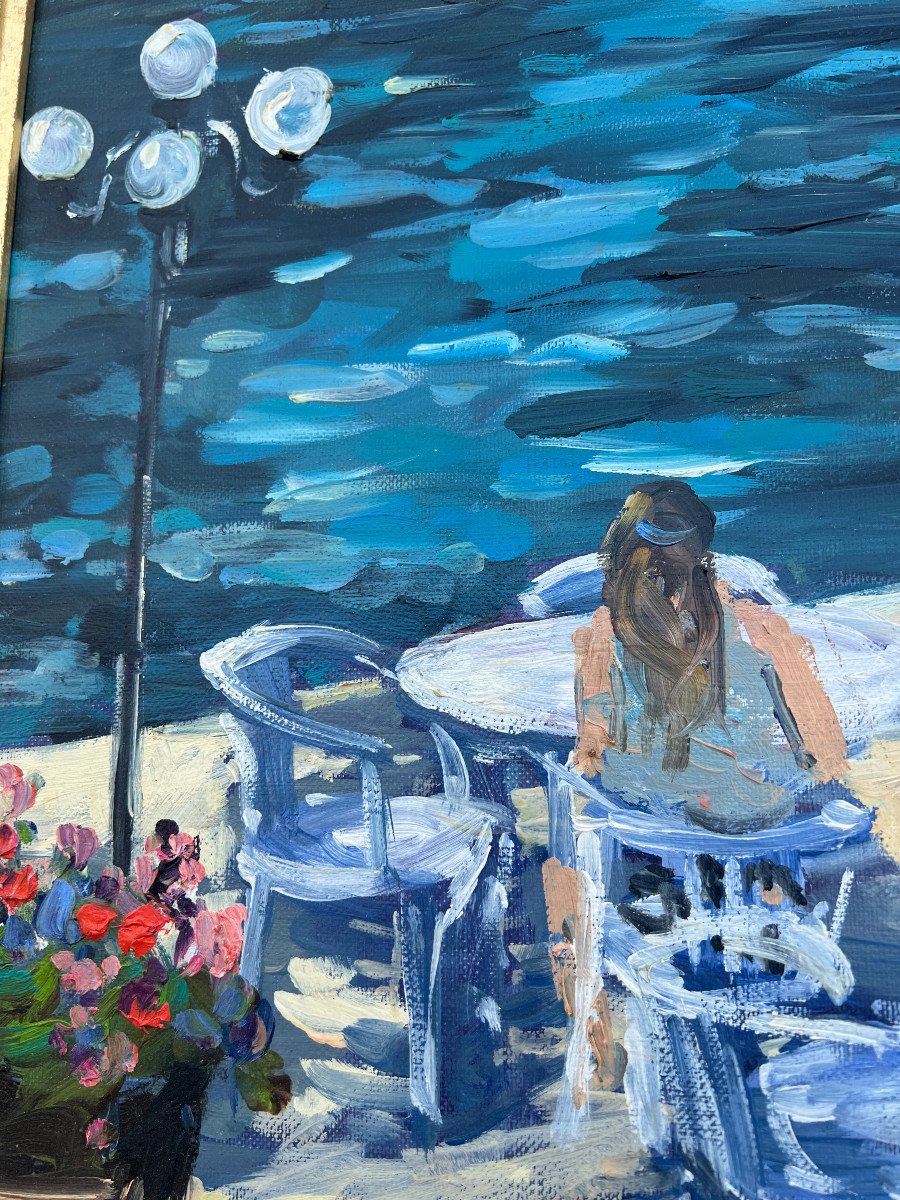 Oil-on-canvas Painting Jean Quéméré The Terrace By The Water-photo-4