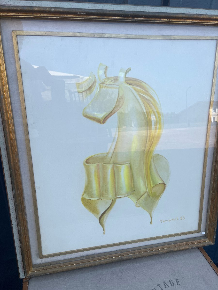 Opera Autentica Painting, Portrait Of Horse In Yellow Ribbons Signed Tempest-photo-3