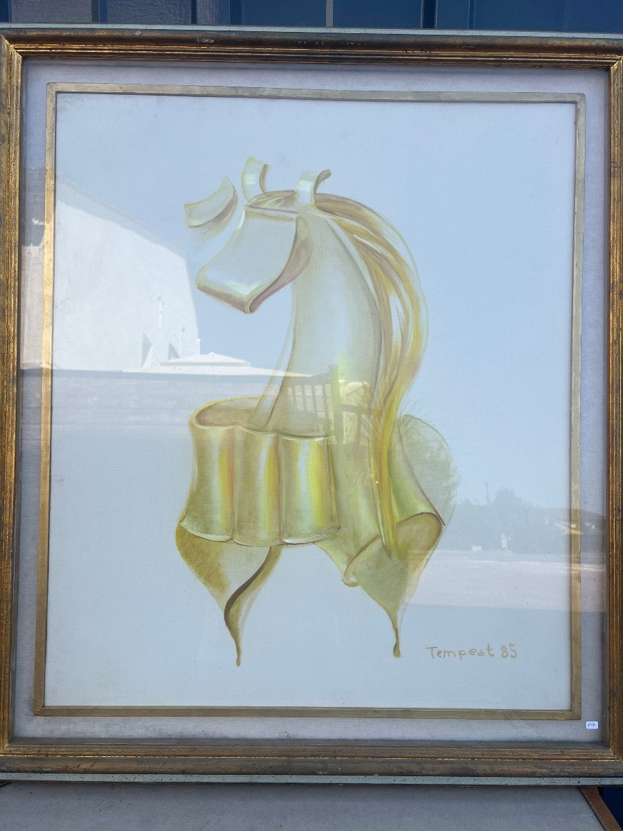 Opera Autentica Painting, Portrait Of Horse In Yellow Ribbons Signed Tempest-photo-1